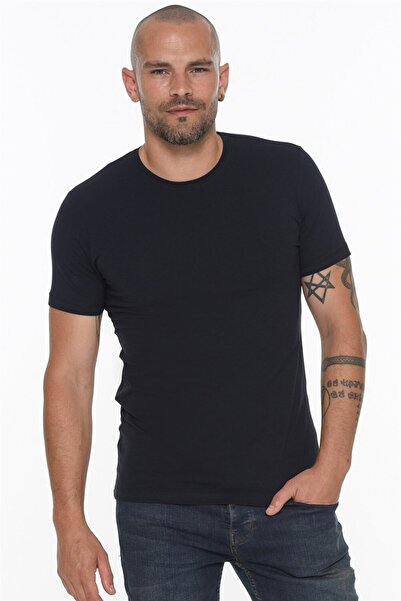 Dewberry Double Set T8569 Circular Neck Men's T-Shirt-White - Navy Blue