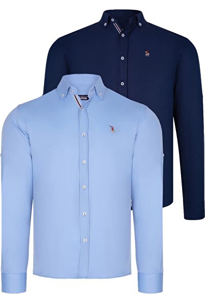 Dewberry Double Set G674 Men's Shirt-Black-Baby Blue