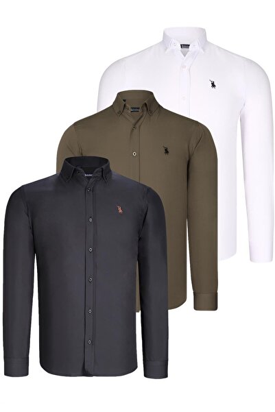 Dewberry TRIPLE SET G725 DEWBERRY MEN'S SHIRT-BLACK-WHITE-GREEN