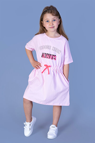 Toontoy Κοριτσίστικο φόρεμα με τύπωμα με κεντημένη πέτρα, ελαστική μέση και δύο πλαϊνές τσέπες