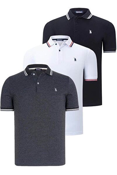 Dewberry ÜÇLÜ SET T8594 ERKEK T-SHIRT-SİYAH-BEYAZ-ANTRASİT