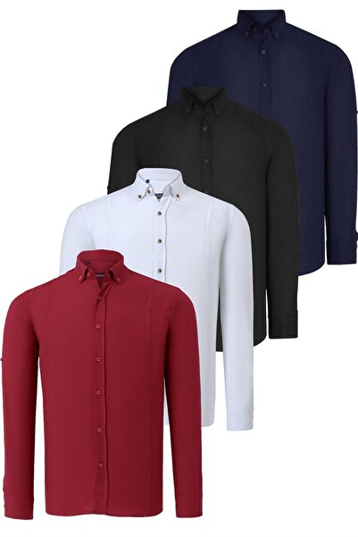 Dewberry SET OF FOUR G721 DEWBERRY MEN'S SHIRT-BLACK-WHITE-DARK BLUE-Claret Red