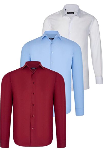 Dewberry TRIPLE SET G726 DEWBERRY SHIRT-WHITE-BLUE-Claret Red