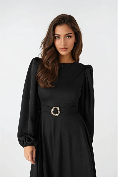 OLSAMODA KADIN PRENSES KOL KUŞAKLI VE TOKA DETAYLI ESNEK KUMAŞ MİDİ BOY SÖZ DÜĞÜN NİŞAN DAVET ELBİSESİ