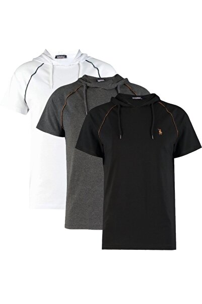 Dewberry ÜÇLÜ SET T8570 KAPŞONLU ERKEK T-SHIRT-SİYAH-BEYAZ-ANTRASİT