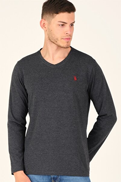 Dewberry T8587 V YAKA ERKEK UZUN KOL T-SHIRT-KOYU GRİ