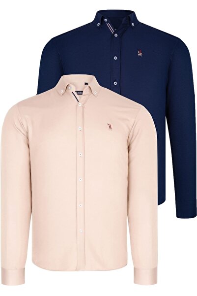 Dewberry DOUBLE SET G674 DEWBERRY MEN'S SHIRT-DARK BLUE-BEIGE