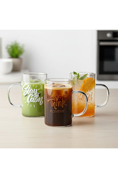 krommet 200 ml 3'lü Kulplu Desenli  Borosilikat Cam Bardak Seti-Motivasyon Ba...