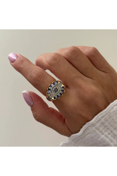 SU PERİSİ TAKI BİJUTERİ خاتم ذهبي قابل للتعديل مع تفاصيل عين زرقاء