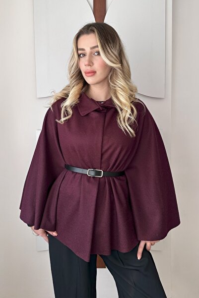 ECOTİQUE Kadın Bordo Gold Düğme Detaylı Panço Pelerin Kemerli Kaşe Dokulu