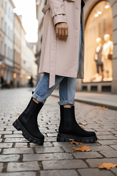 DİVOLYA Καθημερινά μποτάκια Senni Black Suede με ελαστική χοντρή σόλα