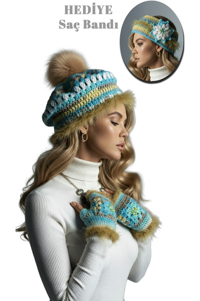 drt tasarım French Batik Colored Beret with Pompom and Brooch Accessories