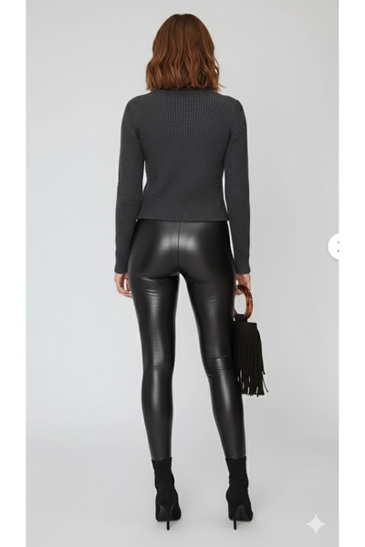 FV Black Matte Leather Leggings, High Waist, Wide Belt, Slimming Faux Leather Leggings, 2 Sizes