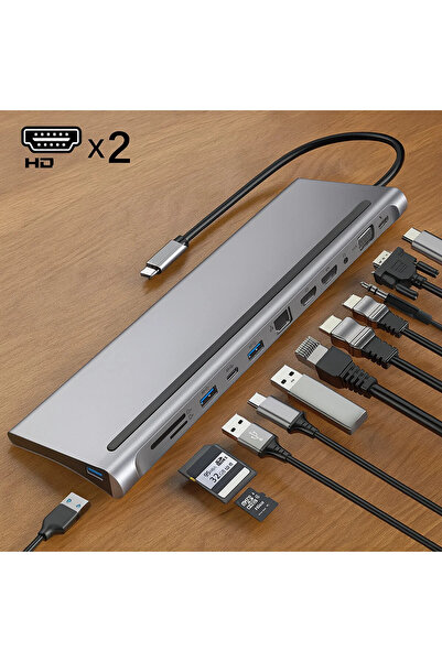 Fillikutum 12 in 1 Çoklayıcı USB Type C Hub 3.0 Adaptör 4K HDMI Uyumlu RJ45 SD/TF VGA HDMI PD MacBook 100W