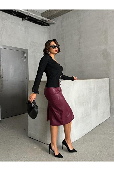 Ecenin Favorileri Fusta midi maro din piele artificială cu fantă