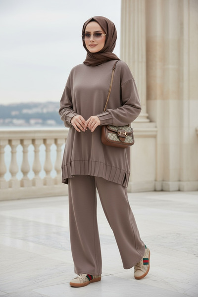 Aselim Hijap Moda Διπλό Σετ Τζιλάτι Αλίσα από Πλισέ Υφασμάτινο Μοντάλ Premium – Καφέ