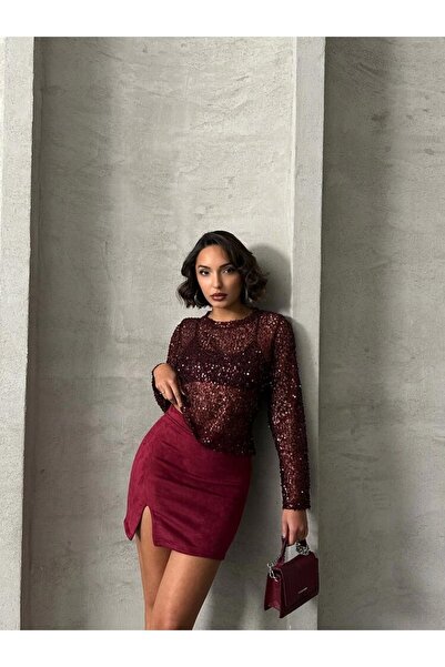 Ecenin Favorileri Burgundy Suede Mini Women's Skirt with Front Slits