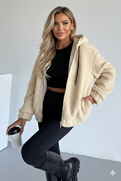 MissPul Peluş Kapüşonlu Bomber Mont 2503 KREM