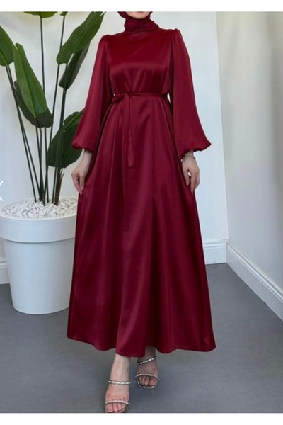 Suedcollection Kuşak detaylı balon kol saten abiye