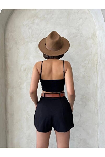 Ecenin Favorileri Siyah Gabardin Pileli Kadın Şort Etek