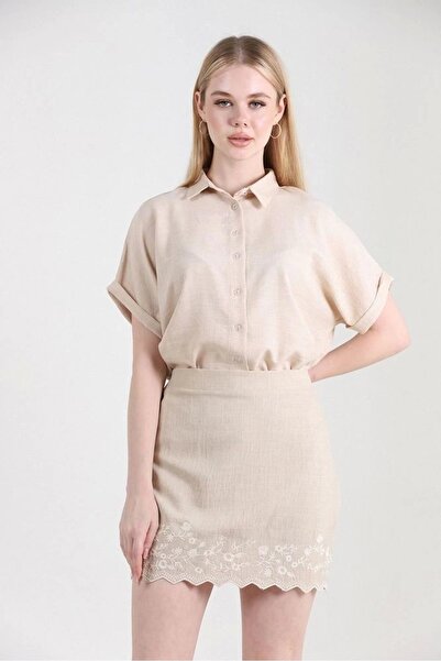 Ecenin Favorileri Fusta mini pentru femei din in culoarea piatră brodată