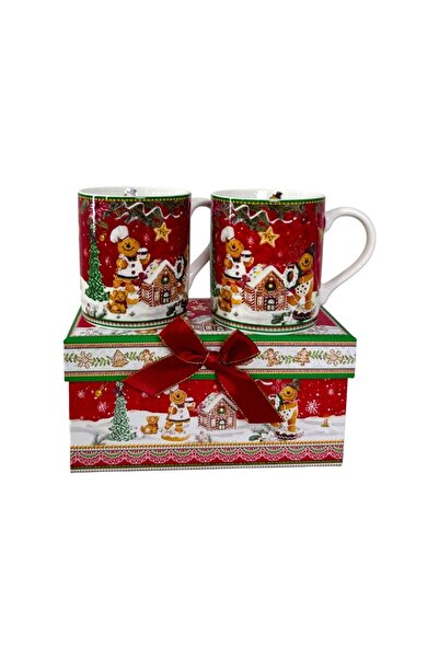 velve Set of 2 ceramic mugs, Gingerbread House, packed in an elegant gift box, 150 ml, Red