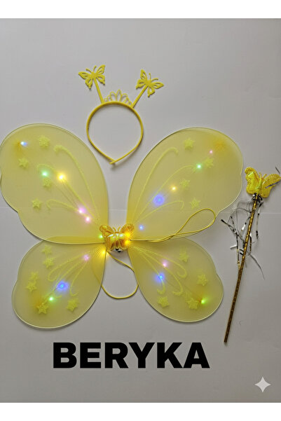 Beryka Sarı LED Işıklı Kelebek Kanat Seti - Taç ve Değnekli - 2-10 Yaş Kız Ço...
