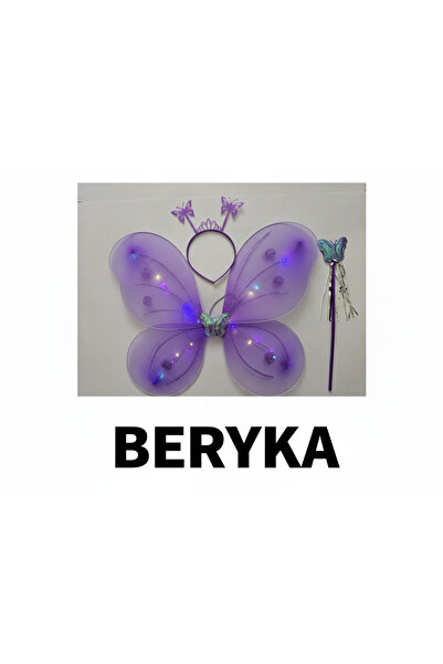 Beryka Lila Renk - LED Işıklı Kelebek Kanat Seti - Taç ve Değnekli - Kız Çocu...