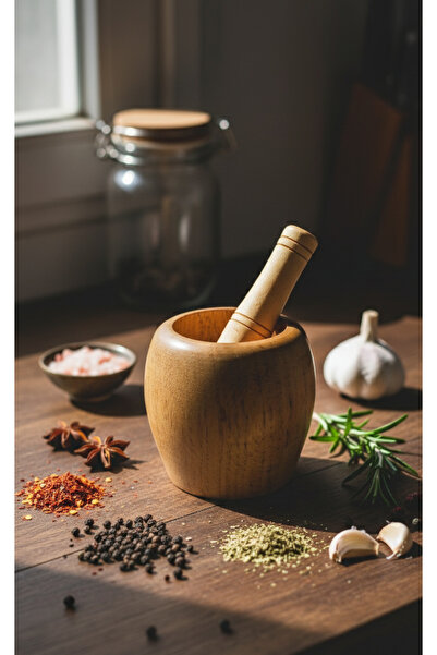 DECOVIBE Doğal Ahşap Sarımsak baharat Ezeceği Havan Büyük Boy