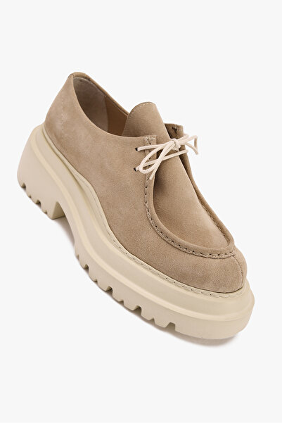 West To West Bej Süet Deri Kadın Günlük Kalın Taban Bağcıklı Ayakkabı