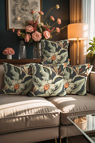 Artvibe Set de 4 fețe de pernă Bohemian Grey Cream Floarea Norocului Hibiscus...