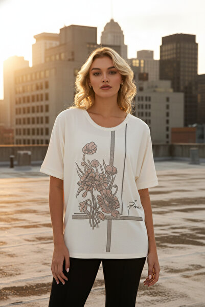 MODA بلوزة نسائية من القطن الممشط بأكمام قصيرة ومطرزة بالأحجار باللون الأبيض