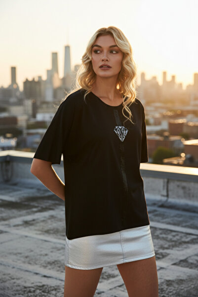 MODA Black Diamond Pattern Stone Embroidered Short Sleeve Lycra Women's Combed Cotton Blouse