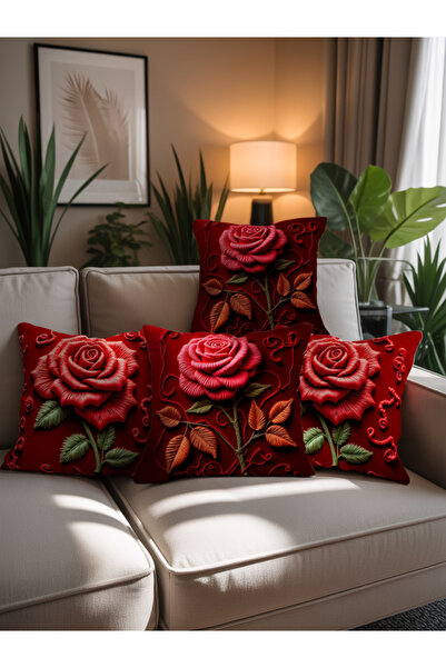 Ahsen Dekoratif Modern Patterned Flower Themed Digital Printed Luxury Velvet 4-Piece Throw Pillow Cover Set