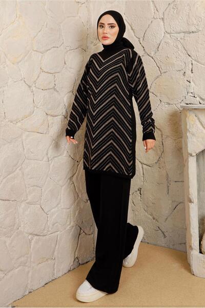 TRENDTESETTÜR KADIN SİYAH (SİYAH-GOLD) ZİKZAK DESENLİ PANTOLONLU TRİKO TAKIM ...