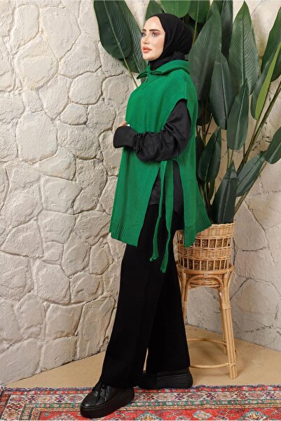 TRENDTESETTÜR WOMEN'S GREEN (ZEMRUT) ZIPPER DETAILED SLEVELESS KNITWEAR PONCHO T 6208