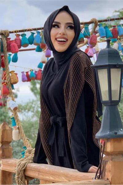 TRENDTESETTÜR KADIN SİYAH SİMLİ TRİKO ELBİSELİ TAKIM 30222