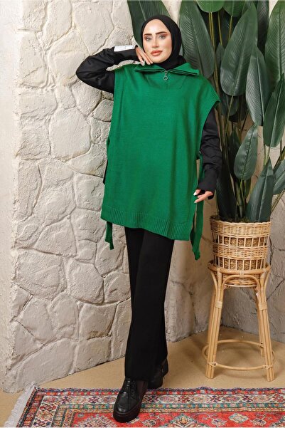 TRENDTESETTÜR WOMEN'S GREEN (ZEMRUT) ZIPPER DETAILED SLEVELESS KNITWEAR PONCHO T 6208