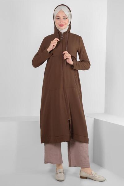 TRENDTESETTÜR WOMEN'S BROWN HOODED POCKET DETAIL LONG TUNIC T 4060