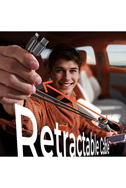 Timebox Încărcător auto 66W, încărcare super rapidă 4 în 1, cablu retractabil Type-C + USB-C, mufă USB, USB-C, LED D