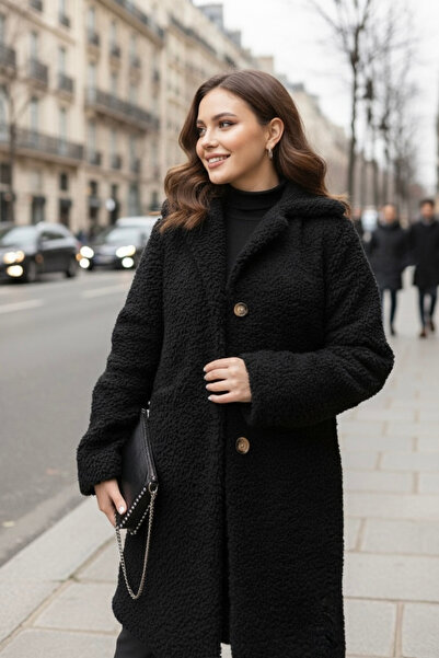 hiramir Kadın Peluş Önü Düğmeli Kaban Siyah KS2531