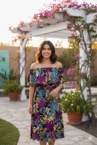 Kaktüs Bayan Palmiye Desenli Elbise 426-001