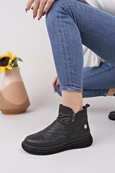 Mammamia D25Kb 1005 Black Genuine Leather Double Zipper Women's Boots