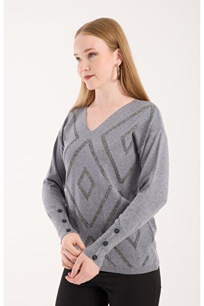 BERNE Women's Gray Glitter V-Neck Sweater