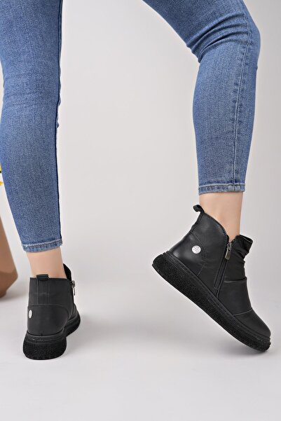 Mammamia D25Kb 1005 Black Genuine Leather Double Zipper Women's Boots