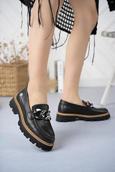 Mammamia D24Ka 3185 Black Genuine Leather Women's Shoes with Chain