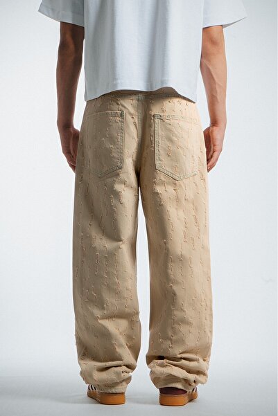 GRJ denim Beige Ripped Baggy Fit Men's Jeans