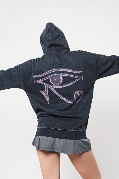Bak Moda Eye Of Horus με τύπωμα oversized Unisex πλενόμενο μαύρο φούτερ με κο...