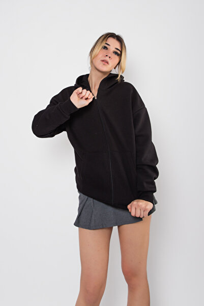 Bak Moda Fermuarlı Basic Kapüşonlu Unisex Siyah Sweatshirt
