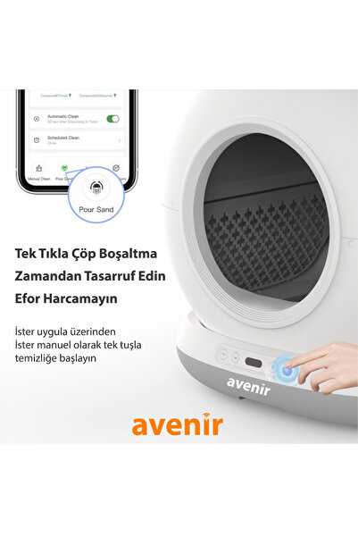 AVENİR Otomatik Akıllı Kedi Tuvaleti, Kameralı Mama Kabı, Paspas Hediyeli App Kontrol 75L Hazne